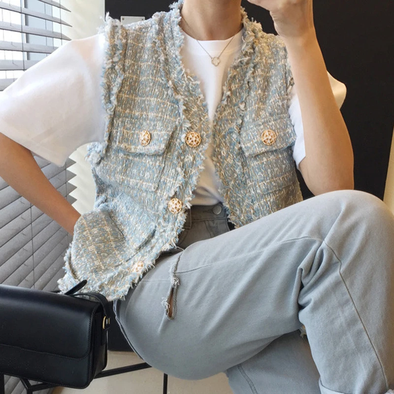 

Chic Summer French Loose Chic Single Breasted Tweed Vest Sleeveless Top Women Korean Style Coats Outerwear Womens waistcoat