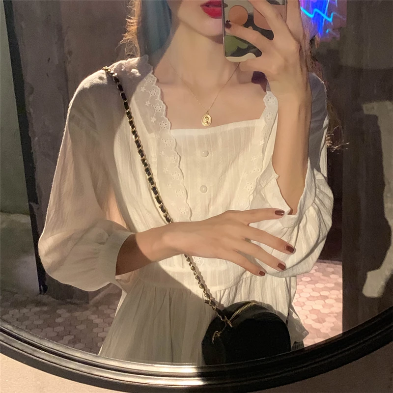 Винтажные кружевные женские блузки модные однотонные милые с квадратным