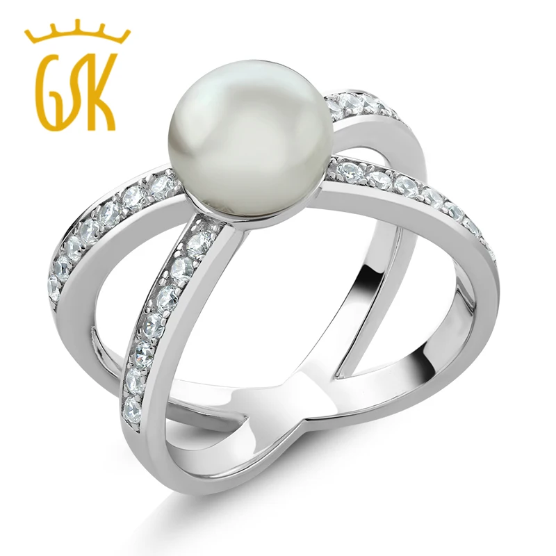GemStoneKing 8 мм белый культивированный пресноводный жемчуг и CZ Крест кольцо твердое