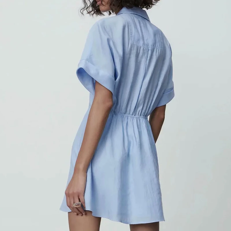 

Summer Women Dress Solid Dress Office Lady Turn Down Collar Short Sleeve Dress Elegant Girls Single Breasted Causal Outfits
