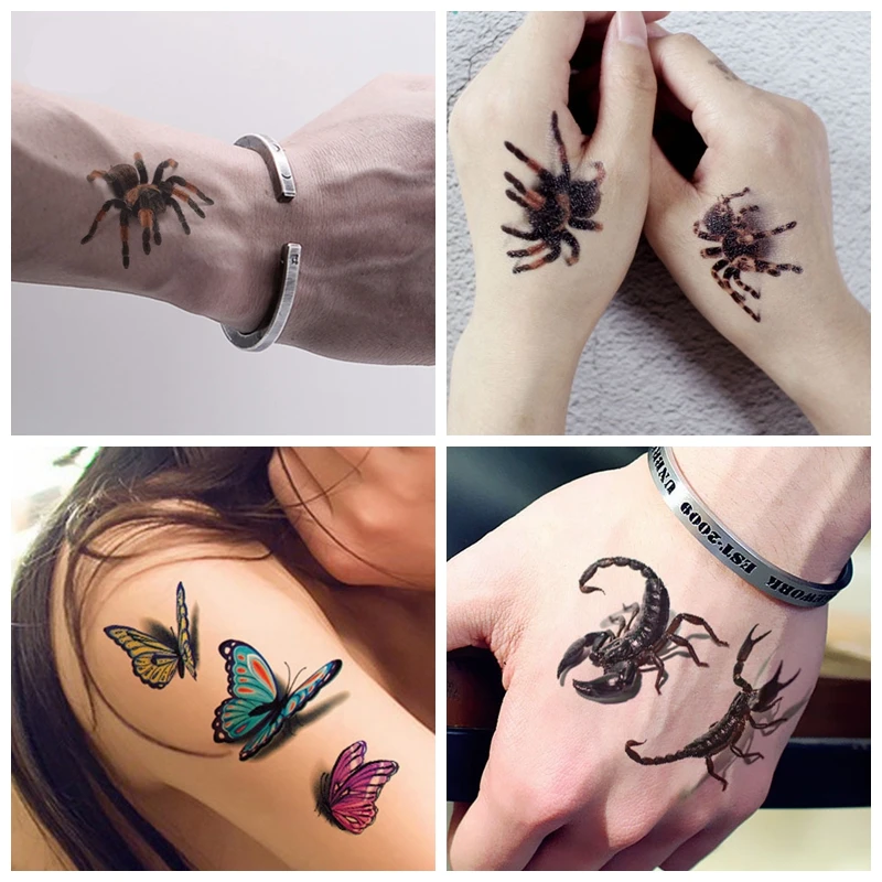 Tatuajes 3D para hombres, pegatinas falsas de arte corporal, temporal, impermeable, escorpión, Araña, armas, mariposa
