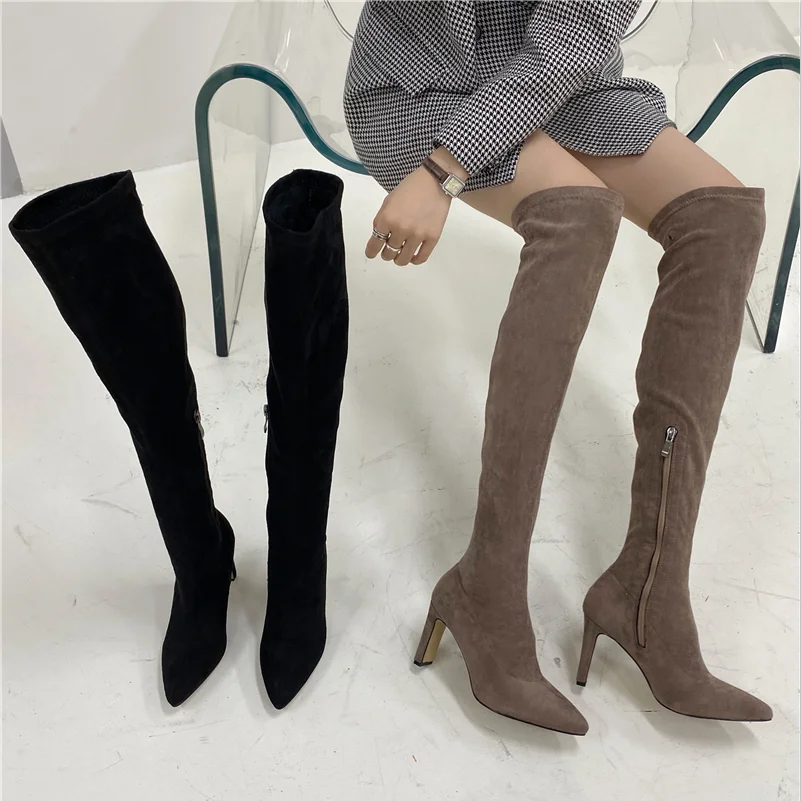 

2021 Winter Women Shoes Over The Knee High Boots High-Heel Pointed Toe Sexy Elastic Fabric Women Boots Plus Size 35-43