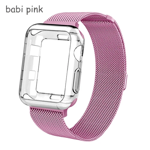 Ремешок+ чехол для apple watch Band Milanese Loop apple watch 4 3 band iwatch band 42 мм 38 мм correa 44 мм/40 мм pulseira ремешок для часов - Цвет ремешка: babi pink