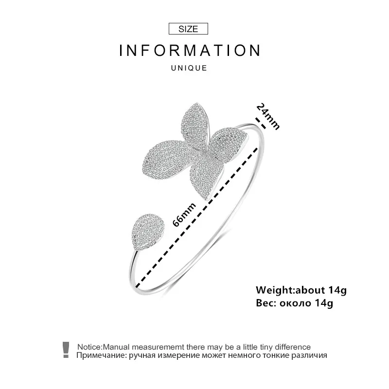 RAKOL New Fasjopm Butterfly Shaped Cubic Zirconia Big Flower Bracelet&ampBangle For Women Wedding White Gold Color Bridal Jewelry |