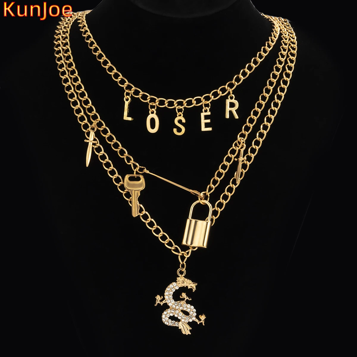 

KunJoe New Fashion Dragon Pendant Necklace For Women Gold Color Vintage Lock Key Necklace Rhinestone Letter Choker Jewelry Gift