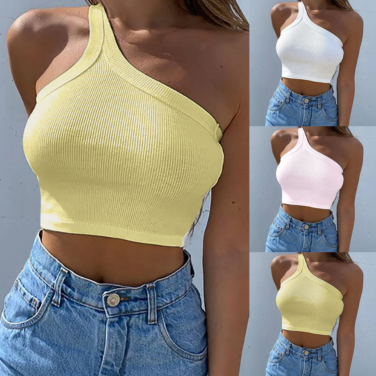 

Ladies new sexy off-shoulder sling asymmetrical slanted shoulder off-shoulder vest Ladies summer solid color one-shoulder vest