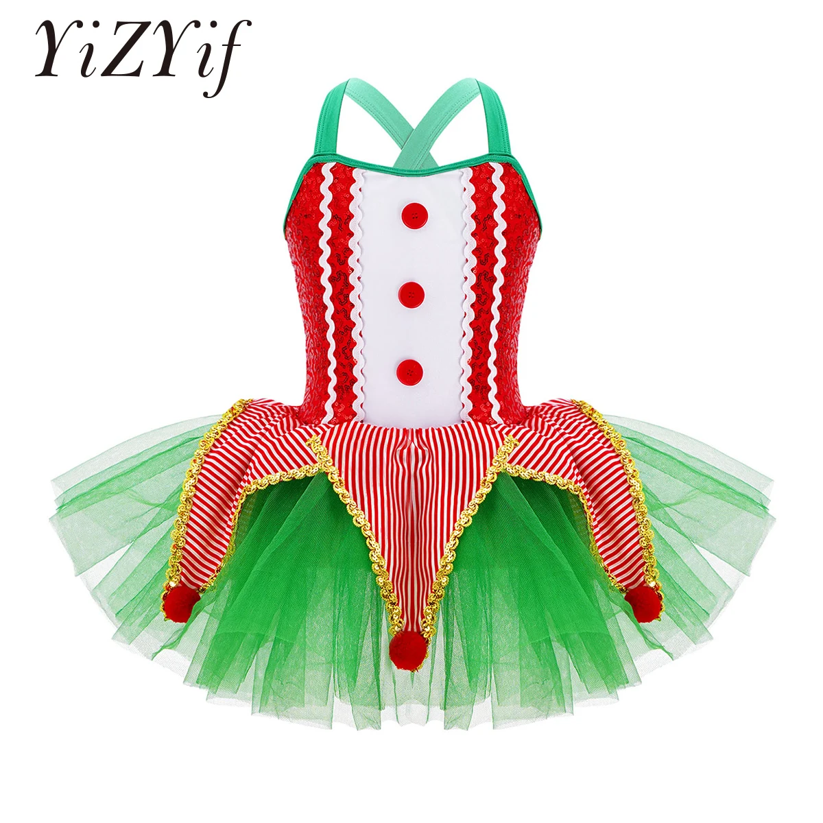 

Kids Girls Christmas Tutu Dance Costume Sleeveless Crisscross Back Figure Skating Dress Twirling Gymnastics Leotard Ballet Dress