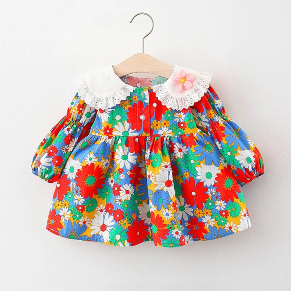 

Floral Girls Fall Dress Long Sleeve Peter Pan Collar Spring Autumn Christmas Kids Boutique Clothes