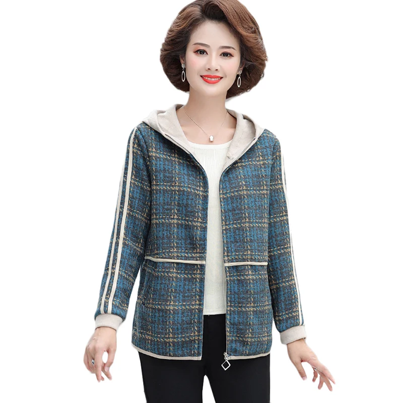 

New Spring Autumn Middle-aged Women Hooded Windbreaker Fashion Casual Short Mom's Trench Coat Plus Size Thin Plaid Overcoat 5XL