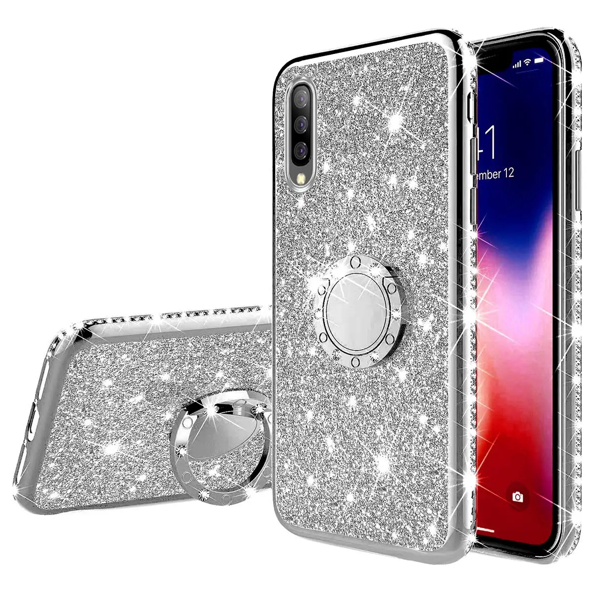 Мягкий чехол с блестками для samsung Galaxy A10 A20 A30 A40 A50 M10 A6 A7 A8 S10 S8 S9 плюс A50s 360 Примечание 10 кольцо автомобильный держатель - Цвет: ZSilver