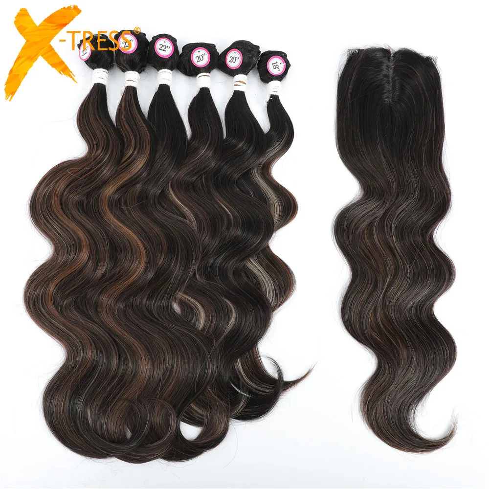 

X-TRESS Body Wave Hair Bundles With Middle Part Closure Soft Synthetic Hair Weave Extensions For Black Women 7PCS One Pack