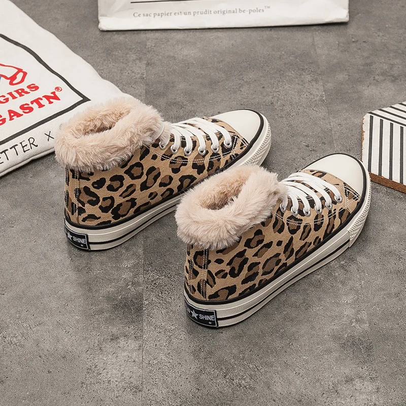 Winter New High Help Leopard Print Plus Velvet Canvas Shoes Female Wild Flat Cotton Women Casual Zapatos Mujer W24-35 | Обувь