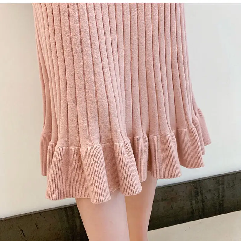 

Sweet Knitted Sweater Slim Dress Soft Stretchy Women Long Sleeve Dresses Sweater Jumper Robes Spring Winter Knitwear Outerwear