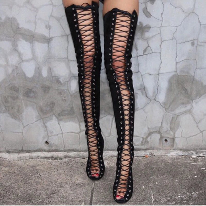 Women Sexy High Heels Lace Up Strappy Over Knee Boots Female Black Roman Gladiator Shoes Open Toe Cut Out Back | Обувь