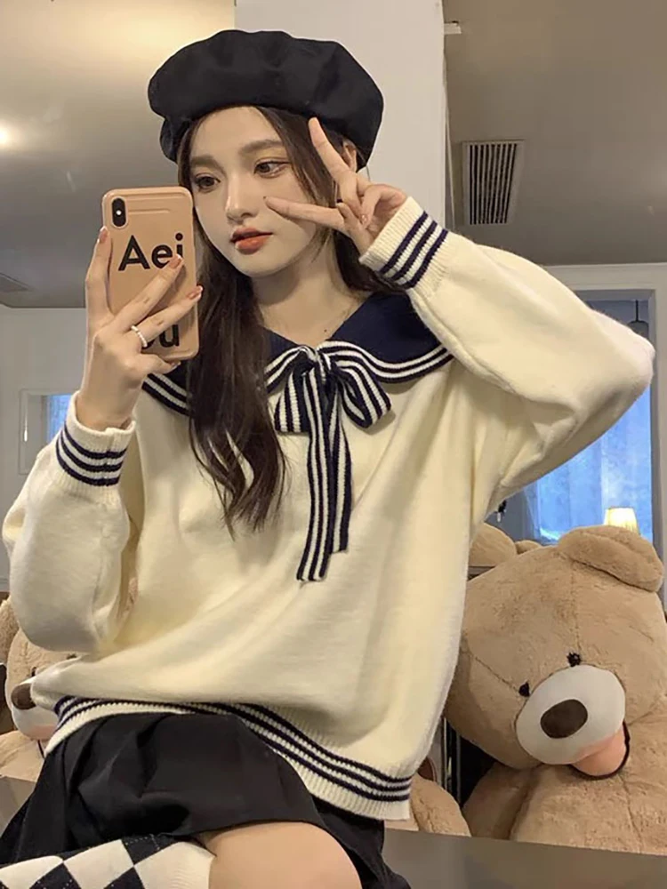 Женский трикотажный свитер с длинным рукавом Синий Свободный контрастных цветов