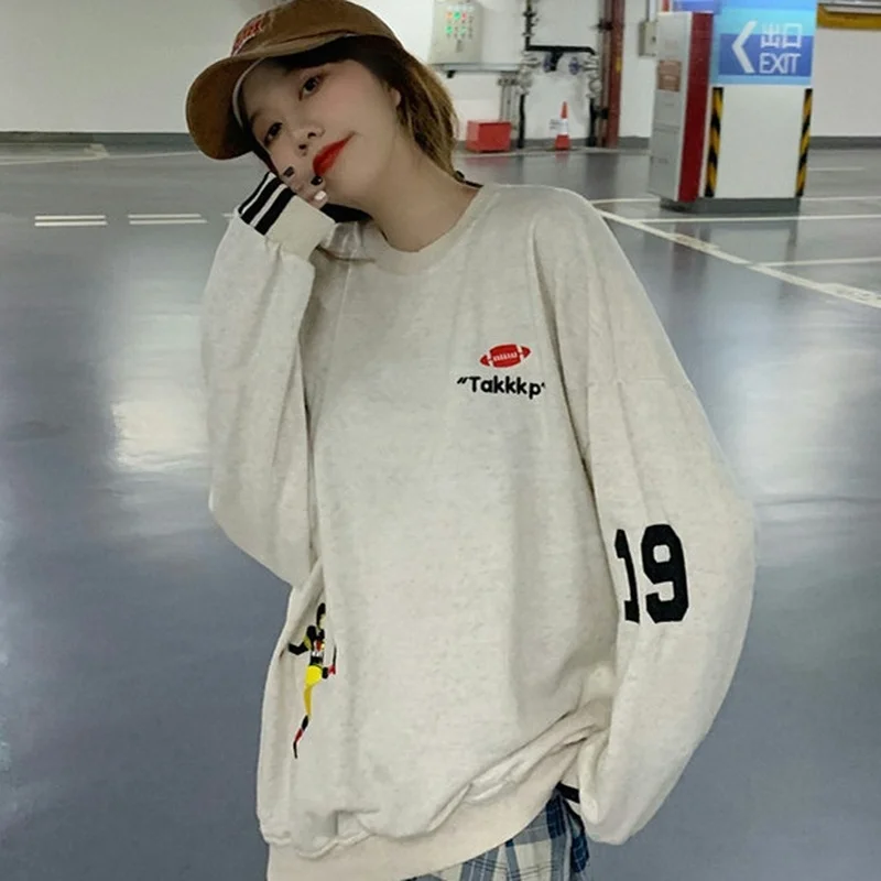 

Autumn Winter Fashion Loose Hoodie Women Harajuku Crewneck Sweatshirt Lettered Embroidery Printing Hip Hop Korean Pullovers