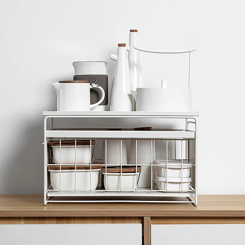 

White Metal Tableware Storage Rack Kitchen Shelf Desktop Dishes Basket Cupboard Holder Home Kettle Cup Organizer Bathroom Stand