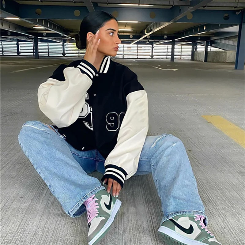 

2021 Autumn Winter Varsity Bomber Women Long Sleeve Patchwork Letter Print Coat Fashion Oversized Baseball Jacket