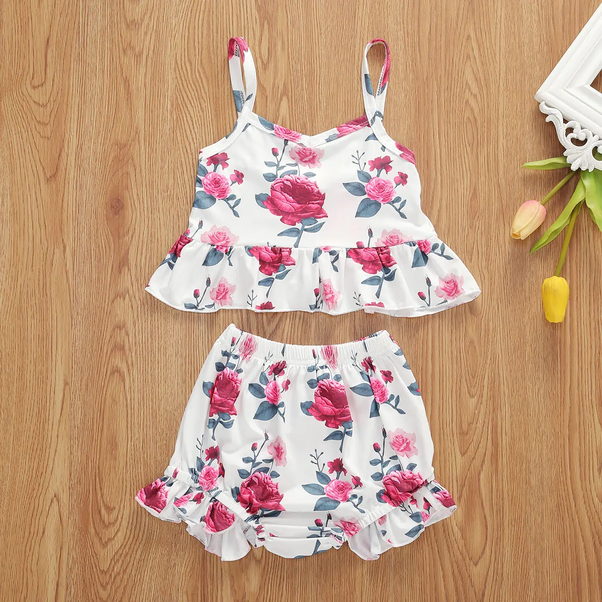 6M-4T Children Fashion Print Two-piece Outfit Ruffle Tank Top Shorts Casual Style Clothes 2Pcs | Детская одежда и обувь