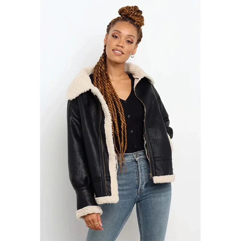 MOLAN Fur Leather Winter Jacket Coat Woman 2021 New Fashion Oversize Long Sleeve Warm Overcoat Female Chic Outwear Top