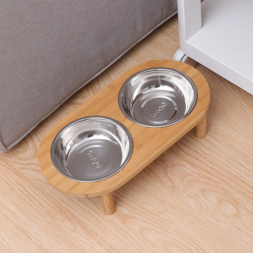 

Pet Stainless Steel Feeding and Water Bowls with Bamboo Frame for Dogs and Cats