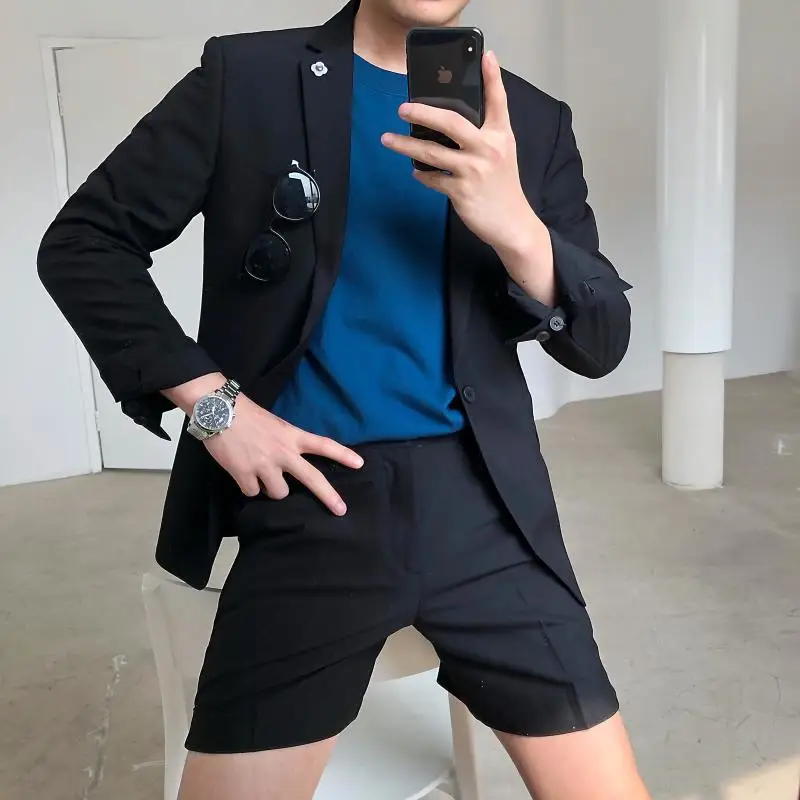 Men's Set Suit Coat with Shorts Korean Stylish Mens Clothing 2020 Summer Fashion Slim Fit Blazer Jacket Short Pant for Men | Мужская