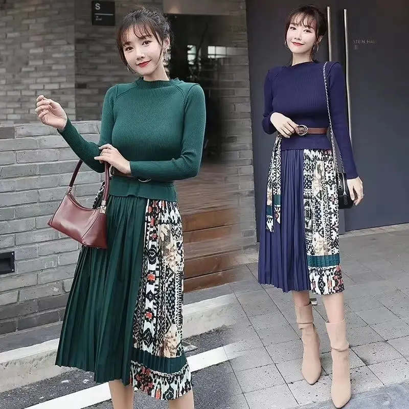 Весна корейский стиль лоскутные принт вязаное модное платье с имитацией двух