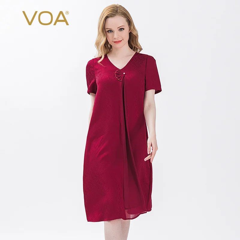 

VOA шелковое Красное Жаккардовое платье в китайском стиле 22 момме с V-образным вырезом и короткими рукавами, трехмерное платье с эластичной т...