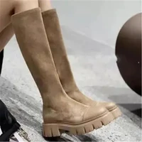 women long booties slip on elastic flock knee high round toe chelsea boot female fashion casual square heel shoes black khaki