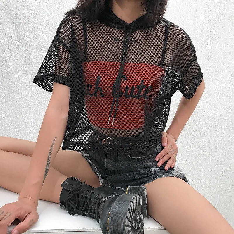 Womens Summer Sexy See Through Mesh Long Sleeve T-Shirt Crochet Hollow Out Fishnet Bikini Cover Up Pullover Loose Crew Neckline | Женская