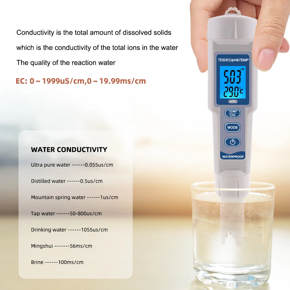 Yieryi 4 в 1 TDS ph-метр PH/TDS/EC/измеритель температуры Цифровой Измеритель Качества Воды Тестер для бассейнов, питьевой воды, аквариумов