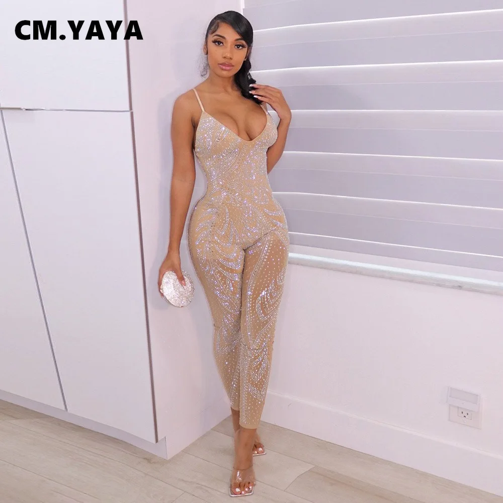 

CM.YAYA Autumn Winter Women Long Sleeve Hot Rhinestones Skinny Active Jumpsuit Vintage Sexy Club Party One Piece Romper Playsuit