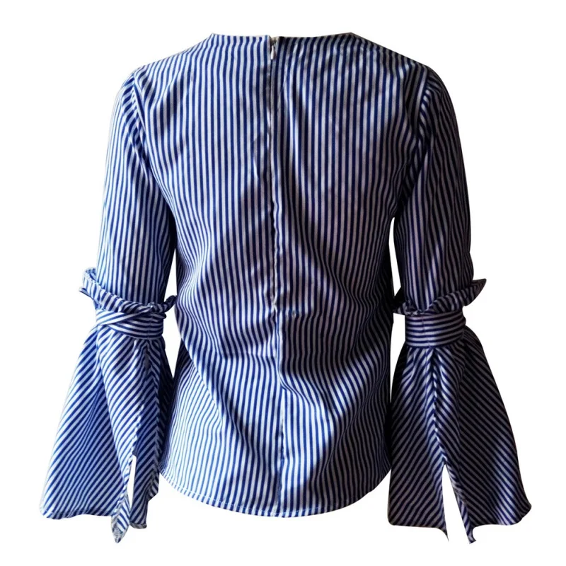 

Fashion Women Blue Stripped Blouse Casual Bowknot Long Sleeve O-Neck Blouse Rk