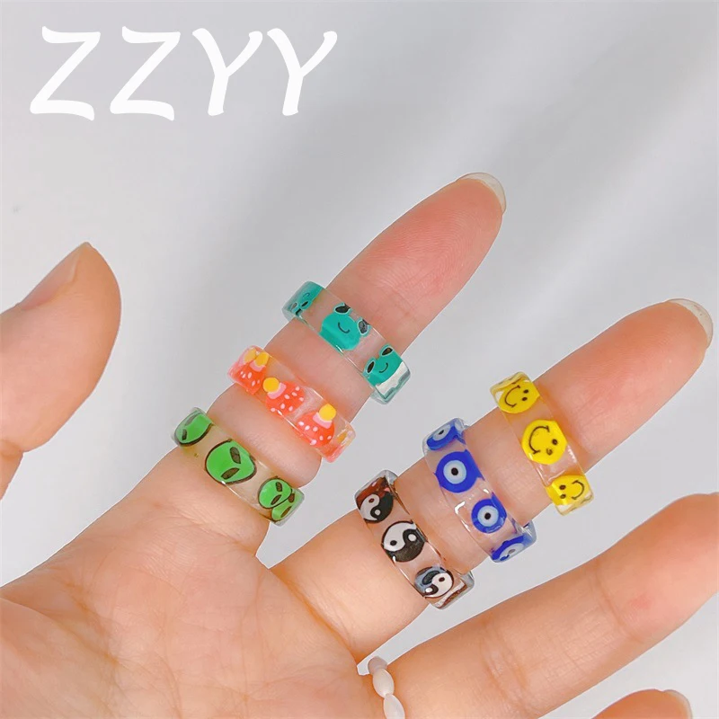 

ZZYY Emo Ring for Women Korean Fashion Girl Smiley Frog Acrylic Resin Rings Vintage Transparent Aesthetic Lady's Finger Jewelry
