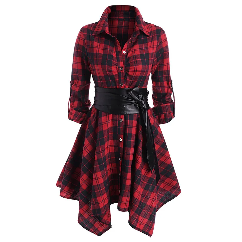 

Anbenser Gothic Dress Women Red Plaid Belted Roll Tab Sleeve Handkerchief Dress Vestidos Autumn Long Sleeve A-Line Party Dress