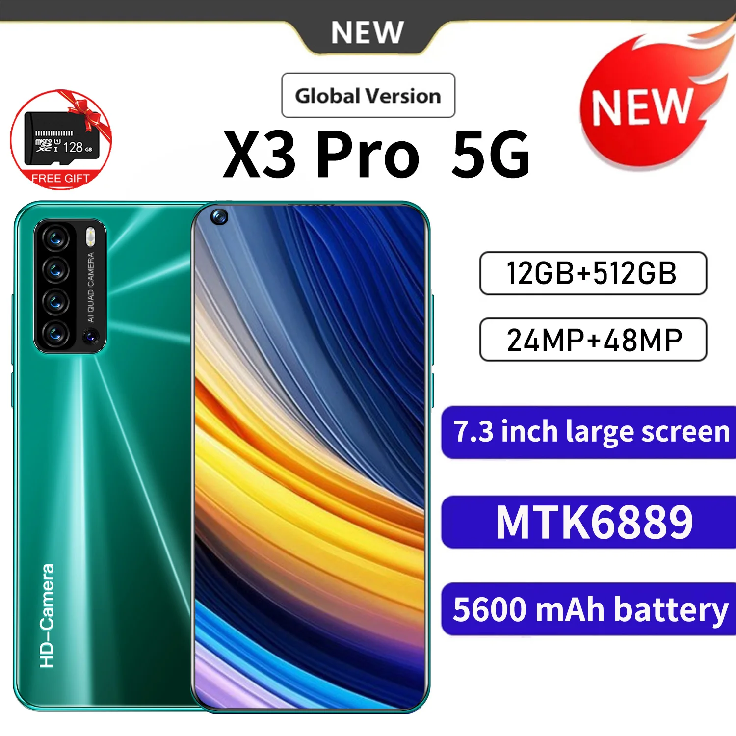 

New Version X3 Pro 5G Smartphone 7.3 Inch Smart phone 5600mAh 24MP+48MP 12GB+512GB Unlock Mobile Phones Global Version Celular