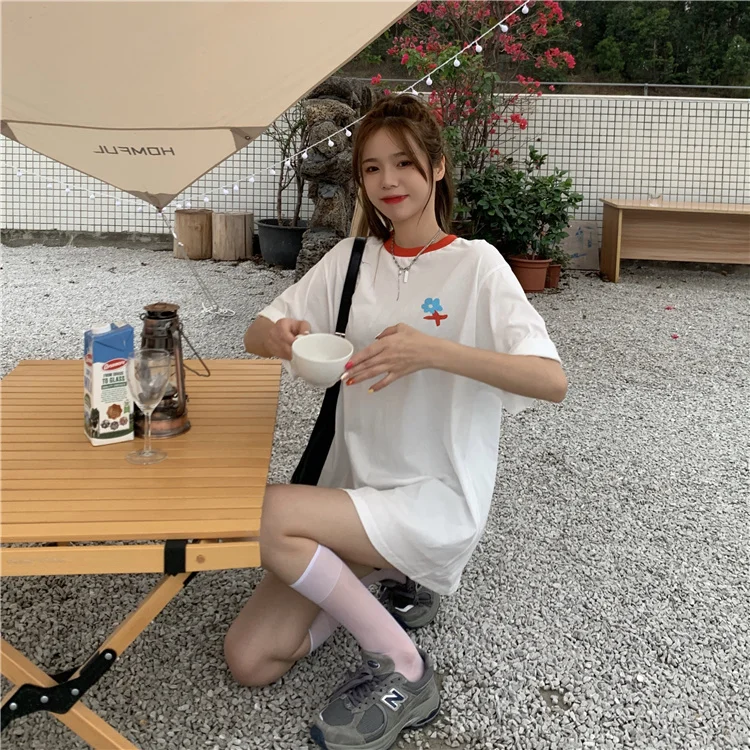 

YTX1752 2021 new Korean version of loose fashion all-match age reduction round neck mid-length contrast short-sleeved T-shirt