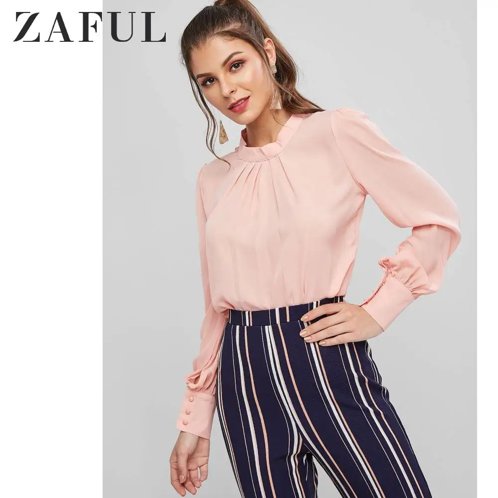 ZAFUL плиссированная Рабочая блузка с замочной скважиной на пуговицах сзади