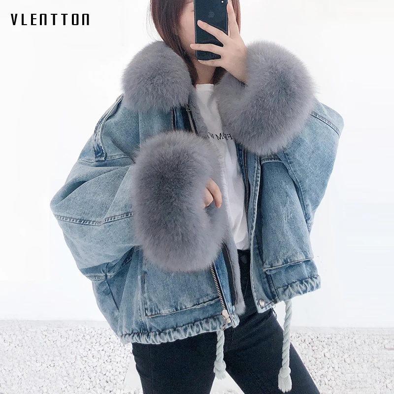 Зима новый толстый теплый Лисий меховой воротник джинсовая куртка для женщин