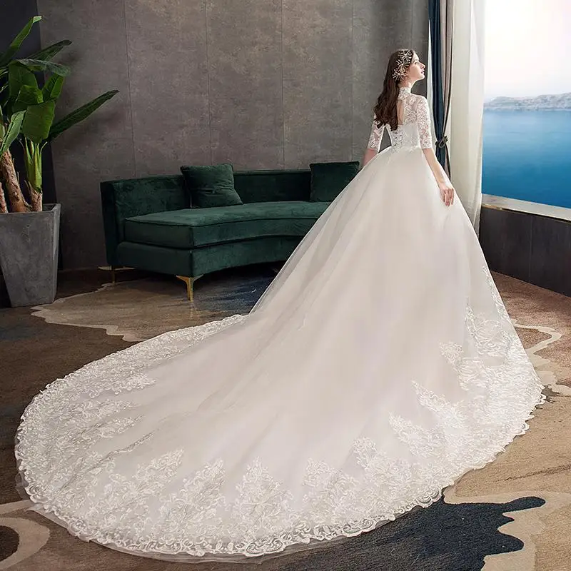Свадебное платье с коротким рукавом, с 100 см шлейфом, Vestido De Novia, новое зимнее винтажное, высокий вырез, открытая спина, кружевное бальное платье, большие размеры - Цвет: TD39 With 100 train