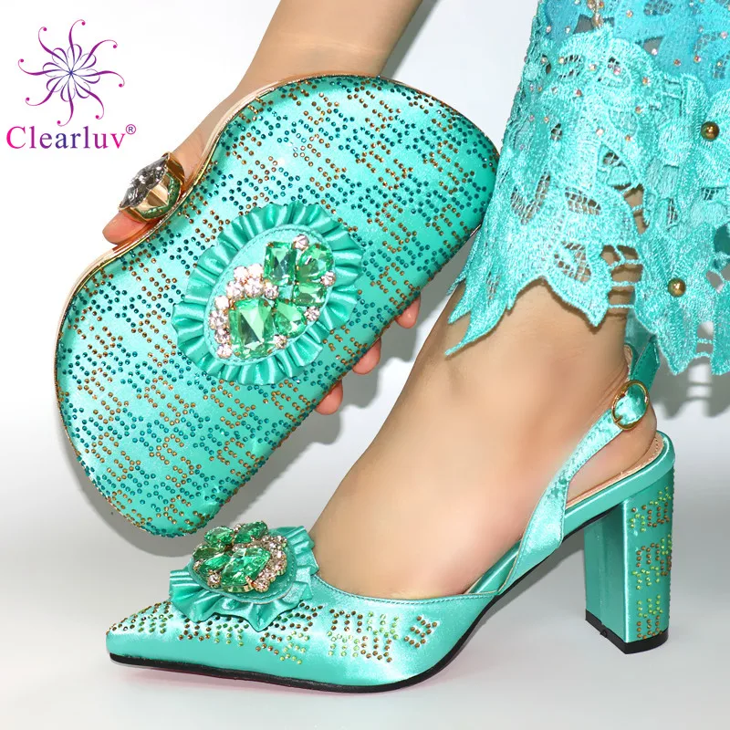 

Pink Color High Quality Italian Women Shoes and Bag Set for Wedding Party Crystal Shoes and Bag to Match