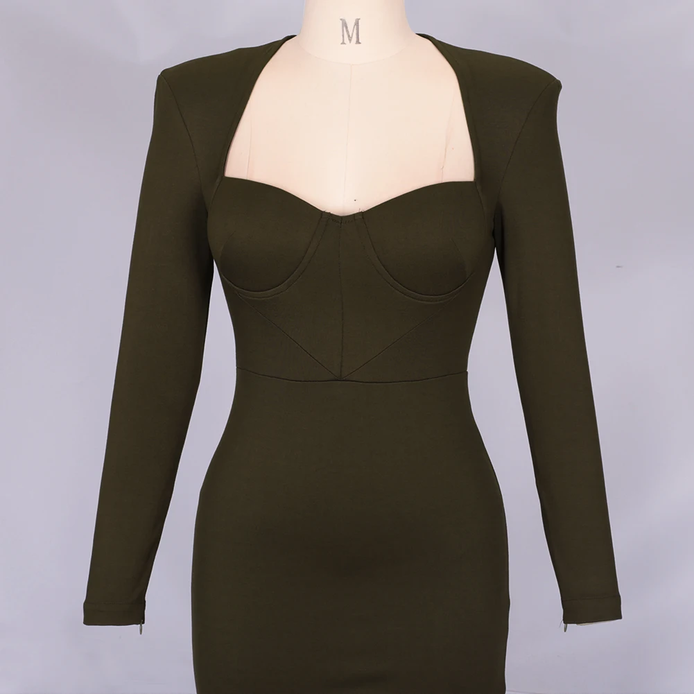 

2020 Autumn Winter Green Midi Bodycon Dress Club Party Runway New Fashion Crepe Sweetheart Long Sleeve Bodycon Dress
