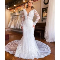 luxury mermaid wedding dresses 2021 long sleeves sexy backless lace appliques sheer neck elegant bride dress robe de mariee