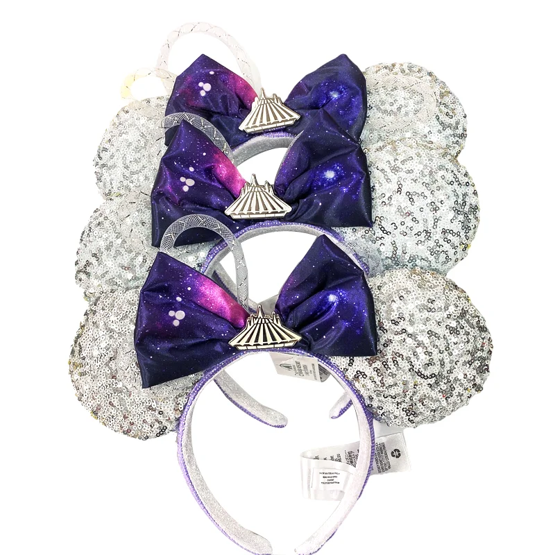 Disney Mickey Minnie Ear Headband Space Mountain headband Big Sequin Bow EARS COSTUME Headband Cosplay Plush Adult Kids Headband
