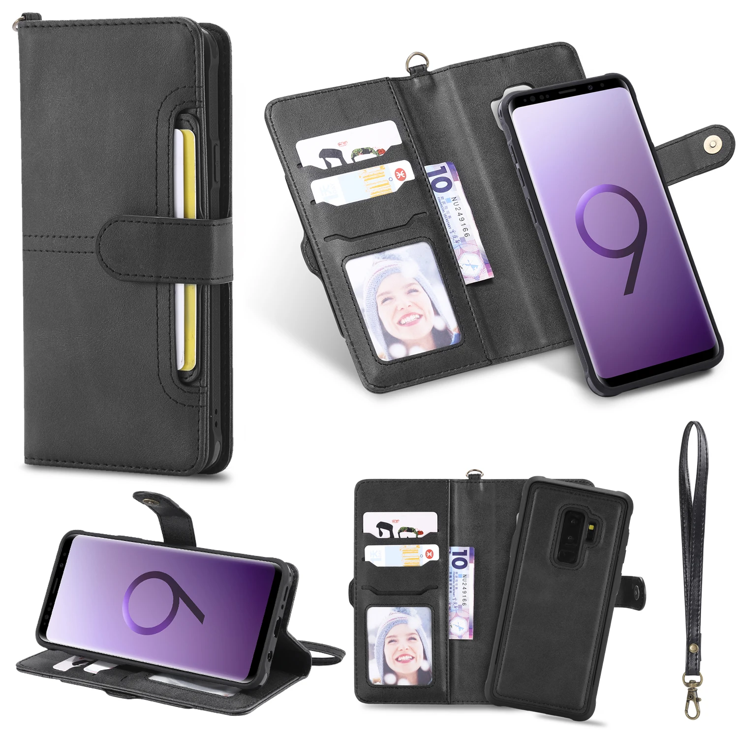 Кожаный чехол кошелек для Samsung S9 Plus Магнитный 2 в 1 съемные держатели карт Note 20 Ultra S8