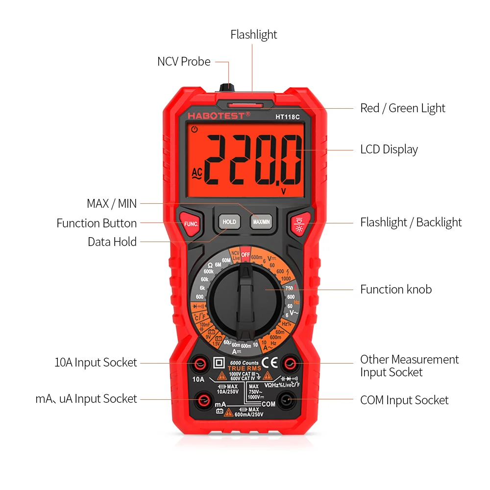 Цифровой мультиметр Habotest HT118C 6000 отсчетов мультитестер профессиональный |