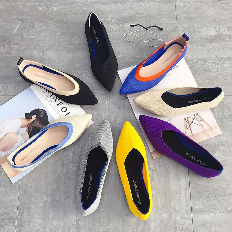

Womens Stretch knitted mixed color moccasins breathable cozy work shoes brief slip-on fashion ladies flats light driving loafers