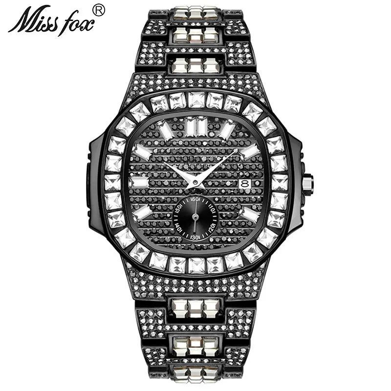 

Famous Brand MISSFOX New Chronograph Men Stopwatch Fullly Iced Black Baguette Diamond All Black Steel Calendar Men Wrist Watch