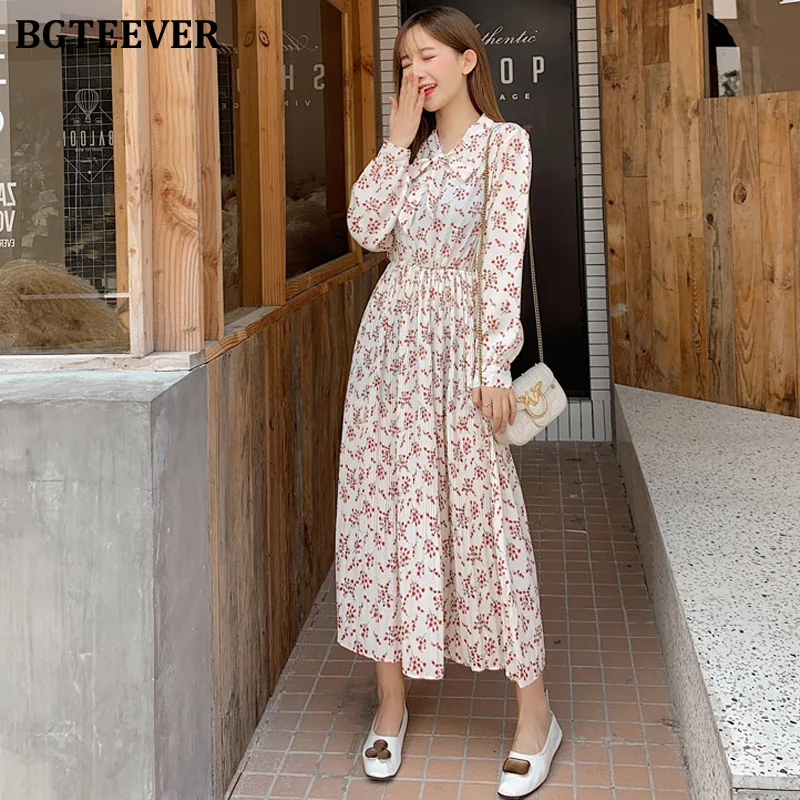 

BGTEEVER Fashion Casual Loose Female Midi Dress 2019 Autumn Bow-neck Full Sleeve Elastic Waist Floral Chiffon Women Dress