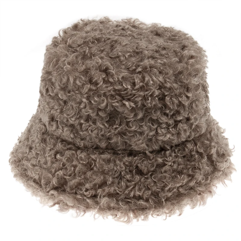 FOXMOTHER New Outdoor Warm Lamb Faux Fur Bucket Hat Black Solid Fluffy Fishing Cap Panama Bob Fisherman Gorros Women Winter 2020